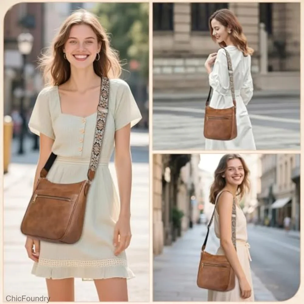 Vegan Leather Crossbody Bag with Adjustable Strap, Multiple Pockets